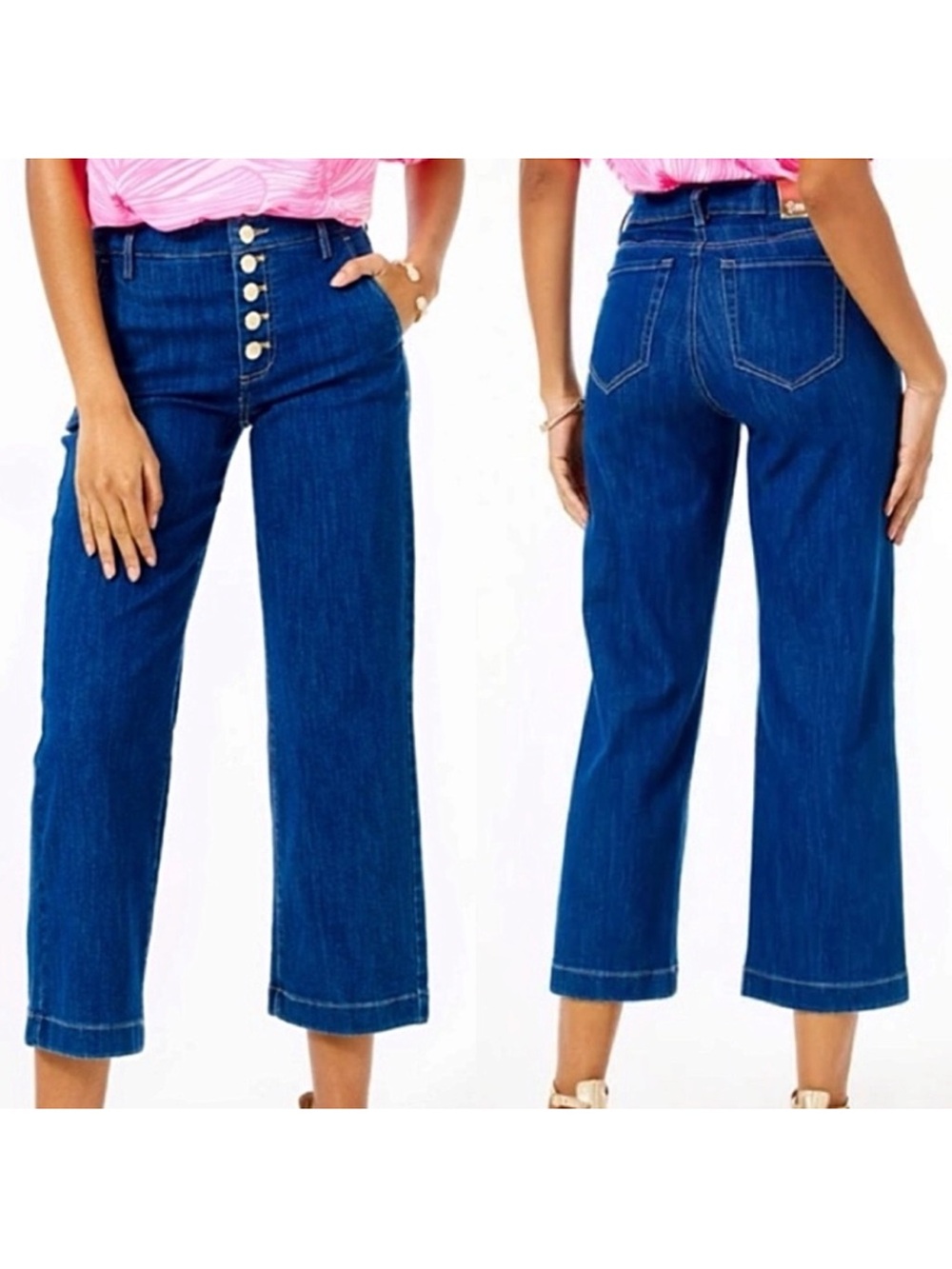 Lilly Pulitzer Aileen Button-Front Cropped Wide-Leg Jeans in Blue